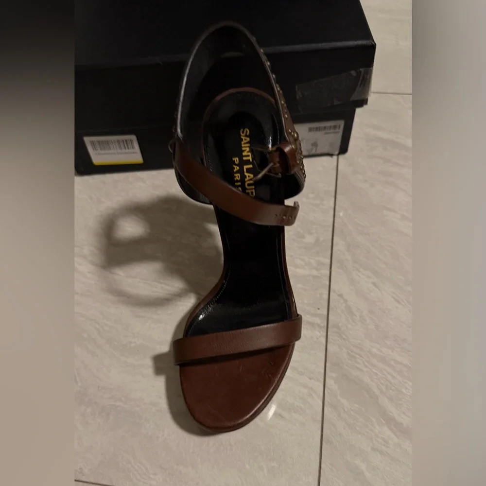Saint Laurent Brown Leather Studded Platform Heel Sandal - Picture 7 of 11